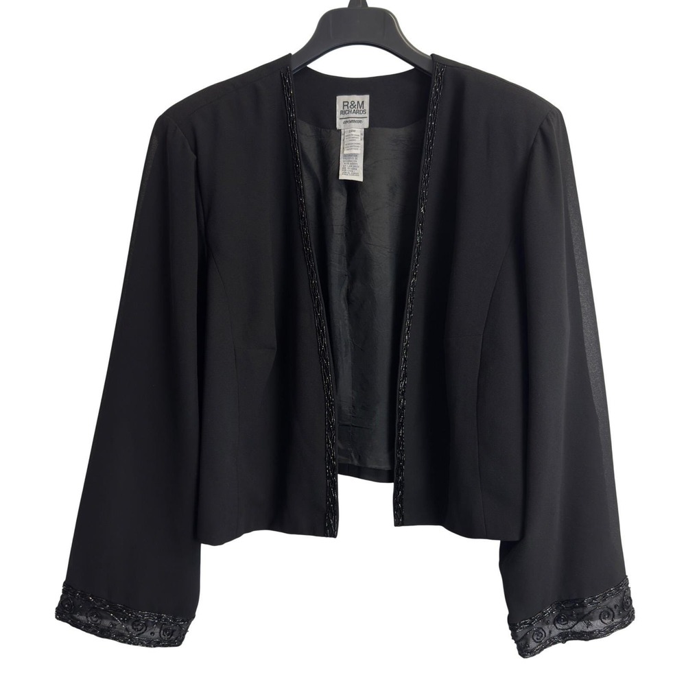 R&M Richards Woman 24W Black Beaded Trim Sheer Lined Sleeve Bolero Jacket